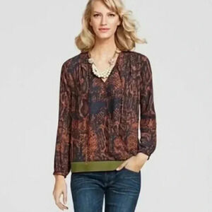 Cabi Python Print Border Wrap Blouse Navy Rust Olive Snakeskin Top Size S